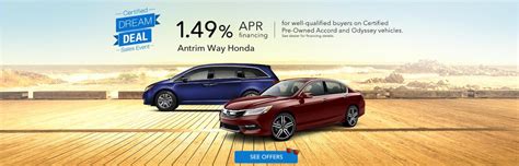 Antrim way honda - Enter your details to see your monthly payment options. Select your preferred payment option and we’ll notify Antrim Way Honda about your pre-qualified amount. Go to Antrim Way Honda to make your purchase! At Antrim Way Honda, you will need to present your state-issued ID or driver’s license, make the required down payment with a bank ... 